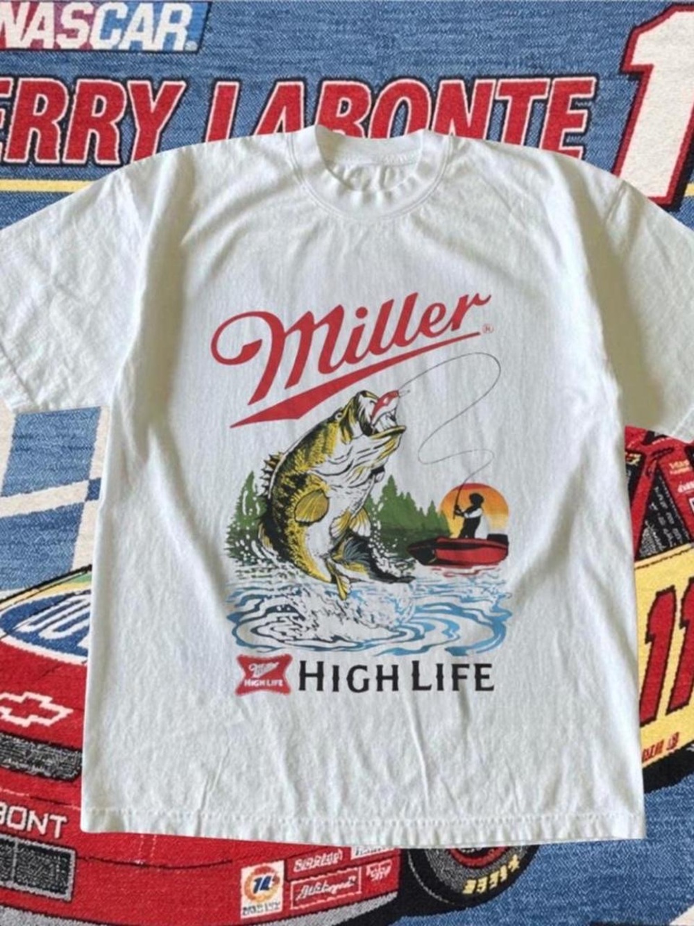 Gildan White Miller High Life Fishing Graphic Tee with Red Logo